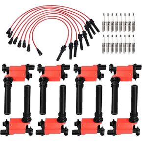 ENA Set of 8 Red Ignition Coil Pack with Red Wire Set and 16 Spark Plug Compatible with Chrysler Dodge Jeep Ram 1500 2500 3500 Magnum Grand Cherokee 300 5.7L V8 2003 2004 2005 Replacement for UF378
