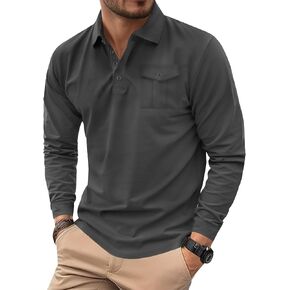 Mens Long Sleeve Classic Polo Shirt with Pocket Comfortable Cotton Solid Color Button Shirts (S-XXL)