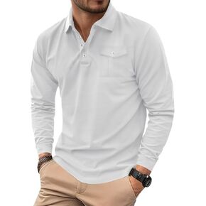 Mens Long Sleeve Classic Polo Shirt with Pocket Comfortable Cotton Solid Color Button Shirts (S-XXL)