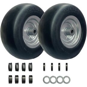 11x4.00-5" Flat Free Lawn Mower Tire and Wheel, with 3.4"-5.0" Centered Hub and 3/4" & 5/8" Grease Bushing,Solid Smooth Tread Tire for Zero Lawn Mowers
