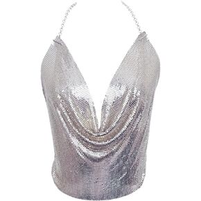 Tchin Sparkly Sexy Sequin Tops for Women Backless Halter Glitter Metallic Chain Crop Top