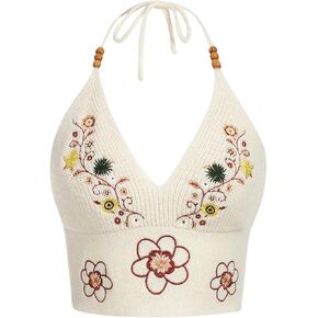 SHENHE Women's Floral Embroidered Tie Halter Neck Backless V Neck Sleeveless Knit Crop Top