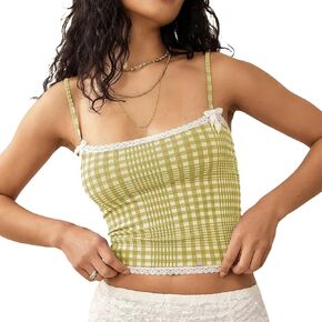 Women Y2K Gingham Peplum Cami Shirt Sleeveless Bow Tie Camisoles Spaghetti Strap Plaid Tank Tops Summer Striped Crop Top