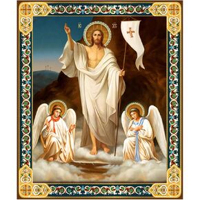 Needzo Wooden Resurrection of Christ with Angels Icon, Gold Foil Details on Front and Back, Catholic Orthodox Home Decor, 3 x 2.5 Inches