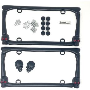 Skull Red Eyes in Flames License Plate Frame Set of 2 with 2pcs 3D Skull Metal Emblem Badge Sticker Decal (Black)