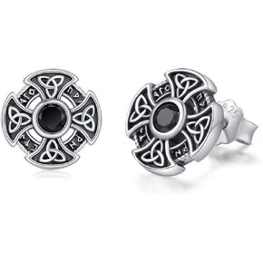 MEDWISE Celtic Cross Stud Earrings 925 Sterling Silver Black Earrings Celtic Viking Stud Earrings Small Stud Earrings Viking Gifts for Men Women Friend Lover Son Gift