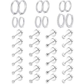 Tornito 18 Pairs Tiny Flat Back Stud Earrings For Women Men 18K Gold Plated Stainless Steel CZ Ball Dot Small Huggie Hoop Earrings Screw Back Cartilage Helix Tragus Lobe Earrings For Multiple Piercing