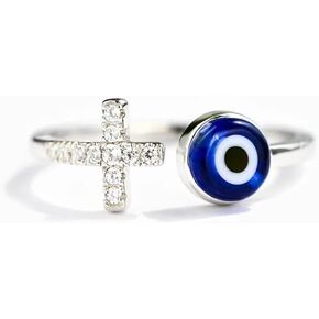 Adjustable Evil Eye Ring Silver Dainty Open Adjustable Rings Cross Evil Eye Jewelry for Women Energy Protection Ring