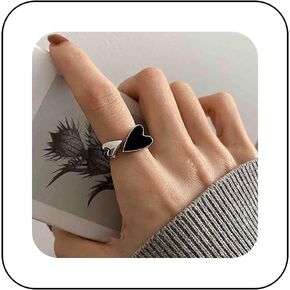 Punk Enamel Heart Finger Ring Silver Double Heart Ring Black Enamel Heart Ring Small Heart Half Open Ring Adjustable Ring Jewelry for Women Gifts