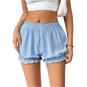 MakeMeChic Women's Plaid Elastic Waist Ruffle Hem Frill Trim Bubble Pajama Lounge Shorts Bottoms