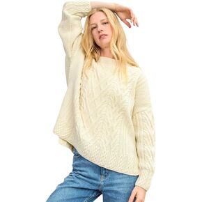 Aran Woollen Mills Tully Women's Box Aran Wool Sweater, 100% Super Soft Merino Wool, Cable Knit Design, Made in Ireland