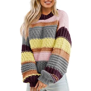 Saodimallsu Womens Color Block Sweater Striped Chunky Knit Cropped Sweaters Crewneck Fall Long Sleeve Loose Pullover Tops