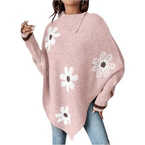 MakeMeChic Women's Oversized Fall Sweaters 2024 Floral Long Sleeve Turtleneck Knit Asymmetrical Poncho Pullover Sweaters Tops