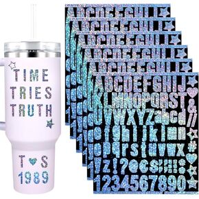 6 Sheets Vinyl Letters Stickers, Glitter Vinyl Alphabet Stickers Adhesive Letter & Number Stickers Small Letter Water Bottles Accessories Waterproof Decals for Stanley Cups Crafts Scrapbook (Colorful)