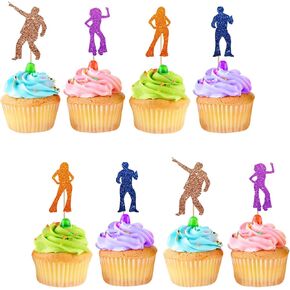 24pcs Disco Cupcake Toppers, 70's Disco Cupcake Toppers, Colorful Glitter Disco Dancing Cake Decoration for Men Women, 70's 80's Disco Ball Music Themed Party Supplies