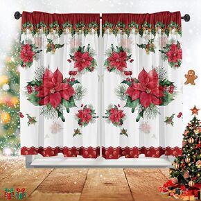 Christmas Poinsettia Curtain Valances 26''W X 45'' L Decor for Kitchen Red and White ，Set of 2