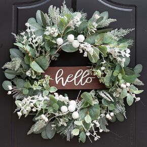 Winter Christmas Wreaths Front Door Decoration, Soomeir Artificial Wreath with Snow Leaves, Pines Needles and Hello Wooden Sign for Home Window Mantle Indoor Outdoor Decor