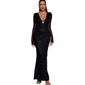 KUTUMAI Women Sexy V Neck Sequin Long Sleeve Bodycon Maxi Dress Sparkly Ruched Gown Evening Formal Dresses
