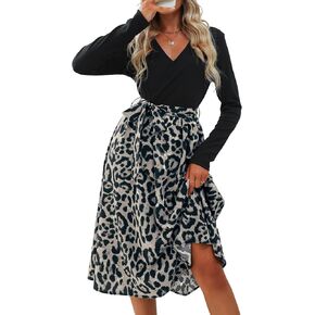 CUPSHE Women's A-Line Midi Dress Leopard Print Belted Long Sleeve Dress for Women