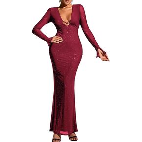 KUTUMAI Women Sexy V Neck Sequin Long Sleeve Bodycon Maxi Dress Sparkly Ruched Gown Evening Formal Dresses