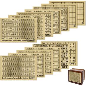 13Pcs 10,000 Money Saving Box Savings Challenge Strategy Sheets, 10k Savings Box Money Savings Challenge Track Charts, Money Saving Box Digital Charts for Wooden Box Piggy Bank Cash-Box Supplies