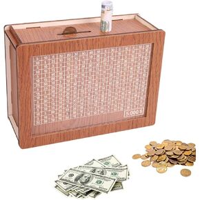Wooden Piggy Bank for Adults Kids Assembled Wooden Coin Bank with Transparent Patterns for Boys and Girls Money Bank Box with Counting Target and Marking Pen for Birthday Gifts and Friends ($10000)