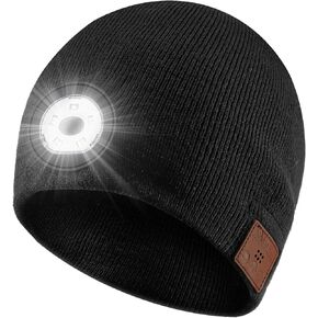 Bluetooth Beanie with Light,USB Rechargeable LED Headlamp Hat Beanie,Musical Knit Hat with Headphones and Built-in Speaker Mic,Gifts for Men Women Teen Black