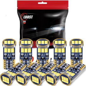 10-Pack 194 LED Light Bulb, Error Free T10 LED Bulb, White 6000K Super Bright 168 LED Bulb, 921 2825 W5W LED Replacement Bulb for Dome Map Door Instrument Licenses Plate Light