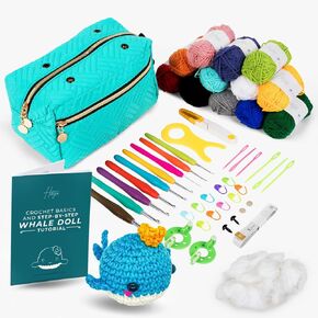 Hikiyose Crochet Kit for Beginners Adults - 47pcs Crochet Accessories with Blue Whale Video Tutorial, Soft Crochet Yarn Set, Hooks, Storage Bag - Easy Crochet Kit for Beginners Kids, Hobbies for Women in Saudi Arabia