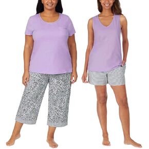 Carole Hochman Women's 4 Piece Pajama Set - Tank Top, Short Sleeve Top, Short, and Capri Pant, Purple Floral, Medium