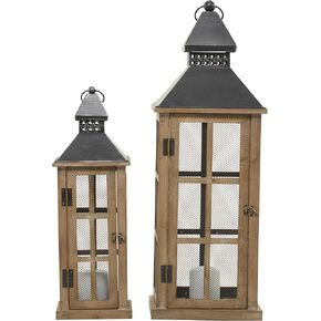Deco 79 Wood Indoor Outdoor Candle Lantern Lighthouse Style Decorative Lantern Candle Holder, Set of 2 Lantern 28", 21"H, Brown