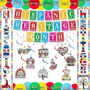 Hispanic Heritage Month Decorations Set, Spanish Speaking Countries Decor for Classroom, Include Hispanic Heritage Banner Porch Sign Hanging Swirls, Balloon, Latin American Decorations for Home