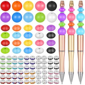 180 Pieces Beads for Pens, 60 Pieces Silicone Lentil Beads, 60 Pieces Silicone Round Beads and 60 Pieces Rhinestone Spacer Beads for Beadable Pens, Keychain Making and Jewelry Making