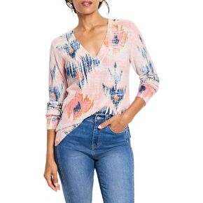 NIC+ZOE Women's Abstract Floral Waffle Stitch V-Neck Sweater