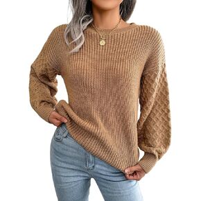 Pullocardi Sweaters for Women Lightweight Lantern Long Sleeve Womens Oversized Sweater Crewneck Waffle Knit Pullover Sweaters