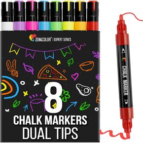 Zenacolor Liquid Chalk Markers Dual Tips - 8 Vibrant Colors, Non-Toxic Chalkboard Markers Quick-Drying, Erasable Chalk Markers for Blackboard, Windows, Glass, Cars - 24 Labels Included
