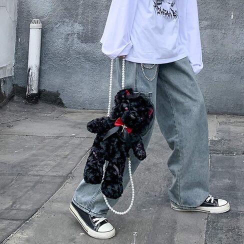 حقيبة كتف من القطيفة من KESYOO على الطراز القوطي، حقيبة كتف على شكل سلسلة من اللؤلؤ، ديكور لوليتا، محفظة باللون الأسود in Kuwait