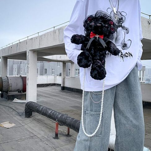 حقيبة كتف من القطيفة من KESYOO على الطراز القوطي، حقيبة كتف على شكل سلسلة من اللؤلؤ، ديكور لوليتا، محفظة باللون الأسود in Kuwait