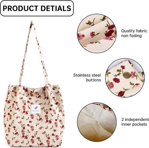 Canvas Tote Bag for Women, Large Capacity Corduroy Quilted Tote Bag with Inner Pockets, Durable Stylish ，Reusablee in Saudi Arabia