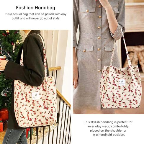 Canvas Tote Bag for Women, Large Capacity Corduroy Quilted Tote Bag with Inner Pockets, Durable Stylish ，Reusablee in Saudi Arabia