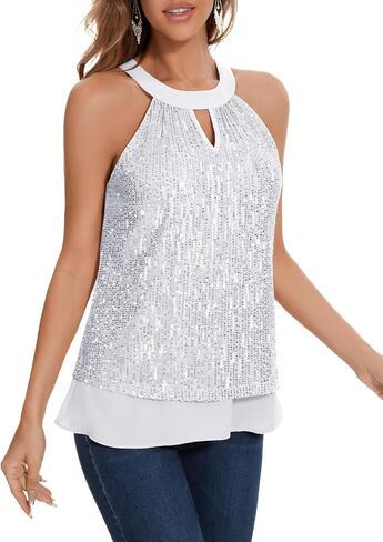 DRESSTELLS Sequin Halter Tops for Women Sleeveless Sparkly Shiny Tank Tops Bow Flowy Sparkly Club Outfits Party Shirt in Saudi Arabia