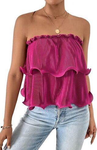 SOLY HUX Women's Frill Trim Tube Top Sleeveless Strapless Tiered Layer Tops in Saudi Arabia