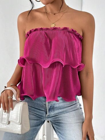 SOLY HUX Women's Frill Trim Tube Top Sleeveless Strapless Tiered Layer Tops in Saudi Arabia