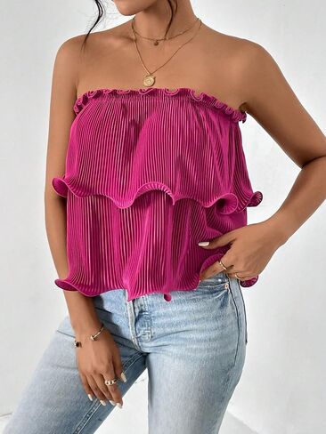 SOLY HUX Women's Frill Trim Tube Top Sleeveless Strapless Tiered Layer Tops in Saudi Arabia