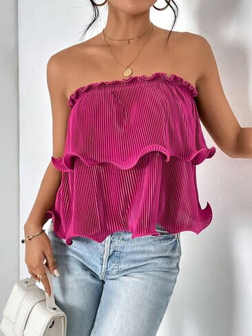 SOLY HUX Women's Frill Trim Tube Top Sleeveless Strapless Tiered Layer Tops in Saudi Arabia