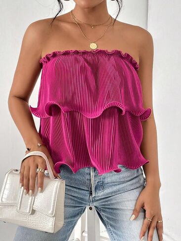 SOLY HUX Women's Frill Trim Tube Top Sleeveless Strapless Tiered Layer Tops in Saudi Arabia