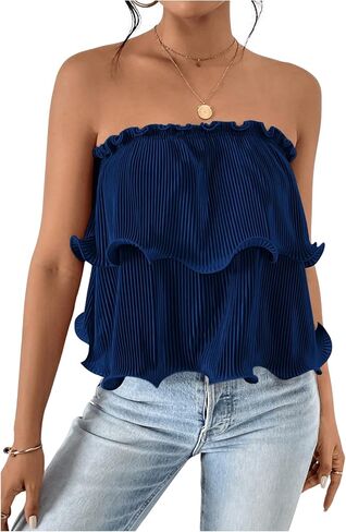 SOLY HUX Women's Frill Trim Tube Top Sleeveless Strapless Tiered Layer Tops in Saudi Arabia
