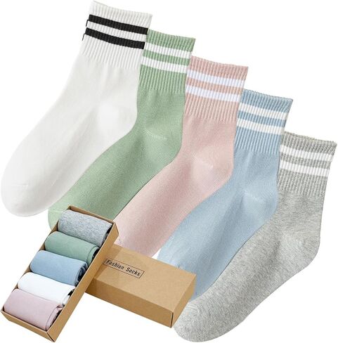 Mini Crew Socks for Women Striped Quarter Socks Vintage Retro Running Socks 5 Pairs in Kuwait