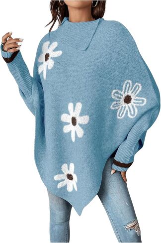 MakeMeChic Women's Oversized Fall Sweaters 2024 Floral Long Sleeve Turtleneck Knit Asymmetrical Poncho Pullover Sweaters Tops in Kuwait