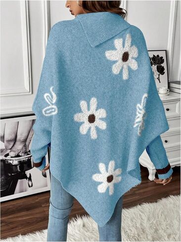 MakeMeChic Women's Oversized Fall Sweaters 2024 Floral Long Sleeve Turtleneck Knit Asymmetrical Poncho Pullover Sweaters Tops in Kuwait
